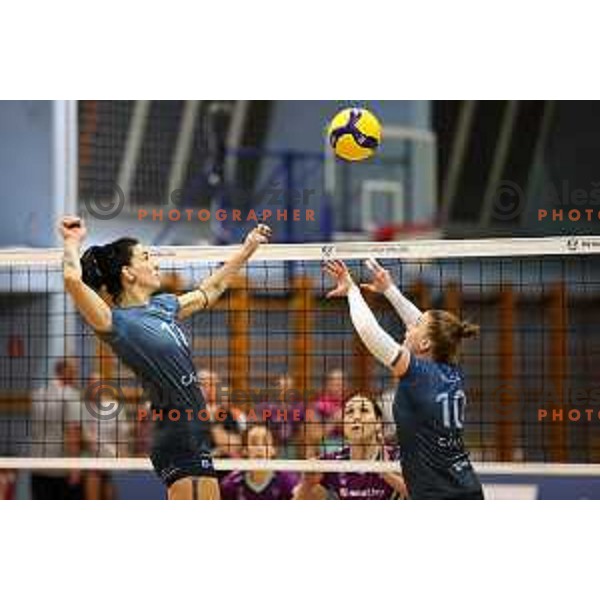 Sara Hutinski and Sara Najdic in action during Sportklub 1A DOL league volleyball match between Calcit Volley and Nova KBM Branik in Kamnik, Slovenia on October 20, 2023