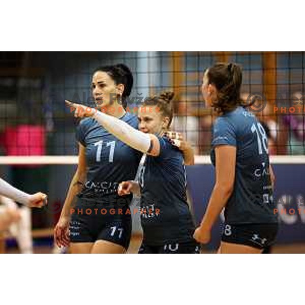 Sara Hutinski and Sara Najdic in action during Sportklub 1A DOL league volleyball match between Calcit Volley and Nova KBM Branik in Kamnik, Slovenia on October 20, 2023