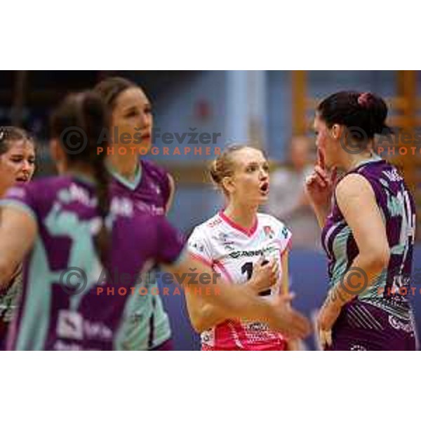 in action during Sportklub 1A DOL league volleyball match between Calcit Volley and Nova KBM Branik in Kamnik, Slovenia on October 20, 2023