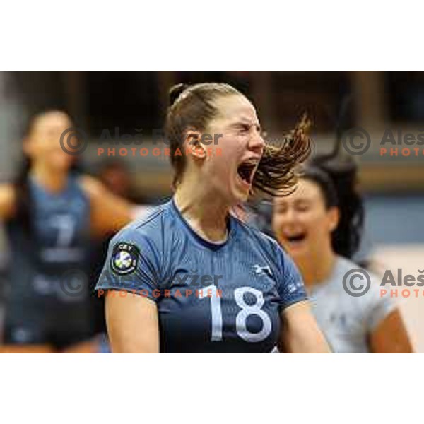 in action during Sportklub 1A DOL league volleyball match between Calcit Volley and Nova KBM Branik in Kamnik, Slovenia on October 20, 2023