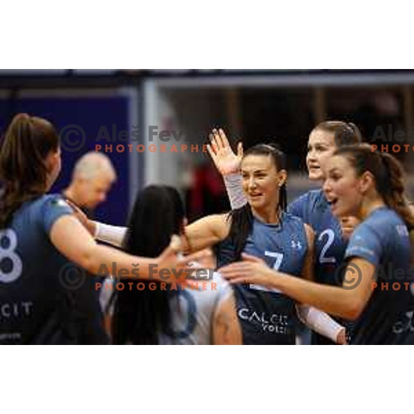 Masa Pucelj, Jovanka Radiskovic and Naja Boisa in action during Sportklub 1A DOL league volleyball match between Calcit Volley and Nova KBM Branik in Kamnik, Slovenia on October 20, 2023