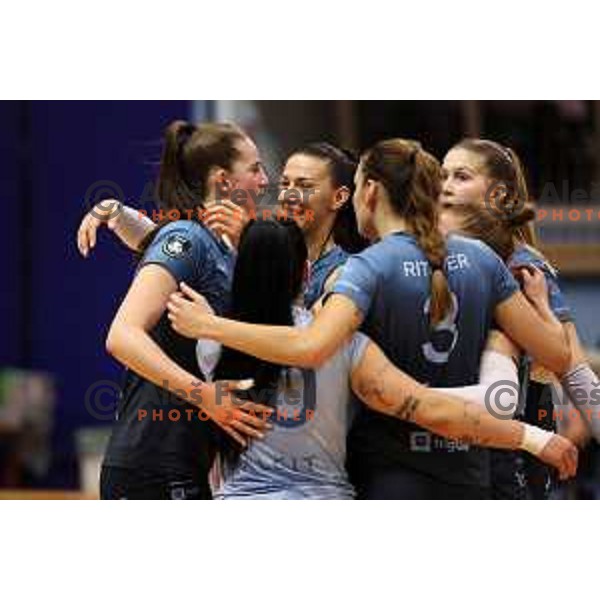 Masa Pucelj, Jovanka Radiskovic and Naja Boisa in action during Sportklub 1A DOL league volleyball match between Calcit Volley and Nova KBM Branik in Kamnik, Slovenia on October 20, 2023