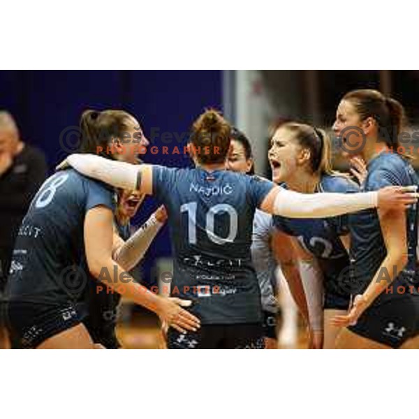 in action during Sportklub 1A DOL league volleyball match between Calcit Volley and Nova KBM Branik in Kamnik, Slovenia on October 20, 2023