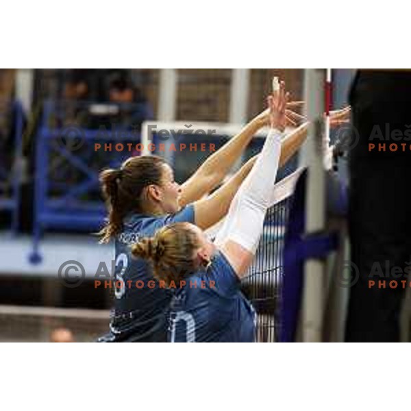 in action during Sportklub 1A DOL league volleyball match between Calcit Volley and Nova KBM Branik in Kamnik, Slovenia on October 20, 2023