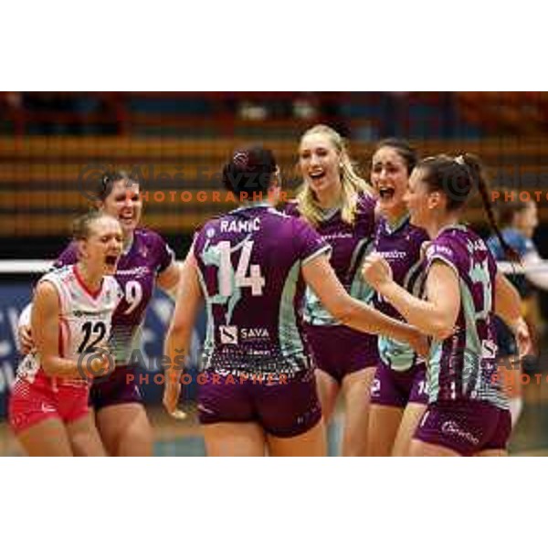 in action during Sportklub 1A DOL league volleyball match between Calcit Volley and Nova KBM Branik in Kamnik, Slovenia on October 20, 2023