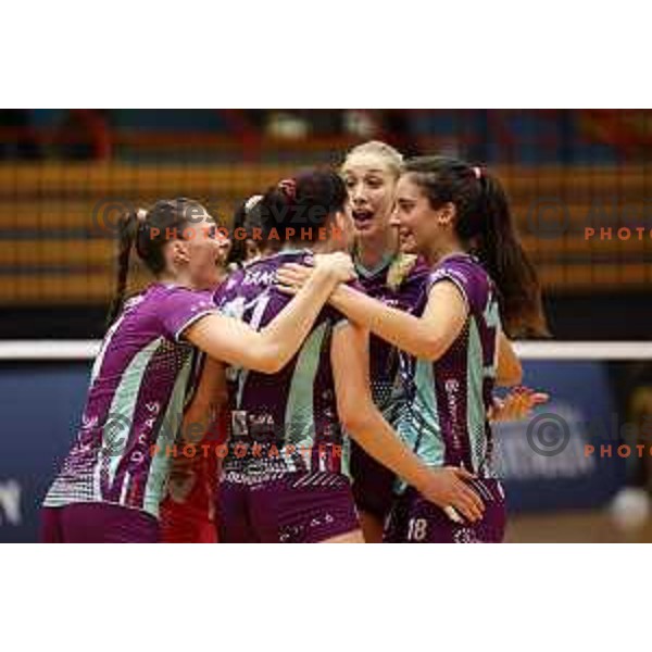 in action during Sportklub 1A DOL league volleyball match between Calcit Volley and Nova KBM Branik in Kamnik, Slovenia on October 20, 2023