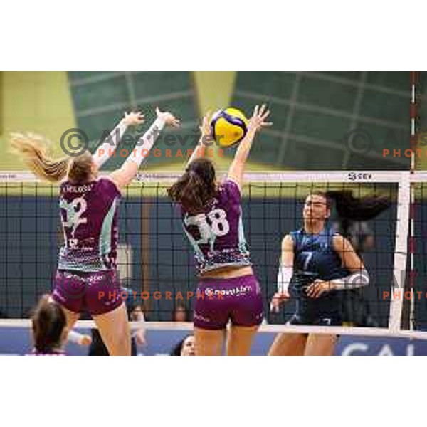 in action during Sportklub 1A DOL league volleyball match between Calcit Volley and Nova KBM Branik in Kamnik, Slovenia on October 20, 2023