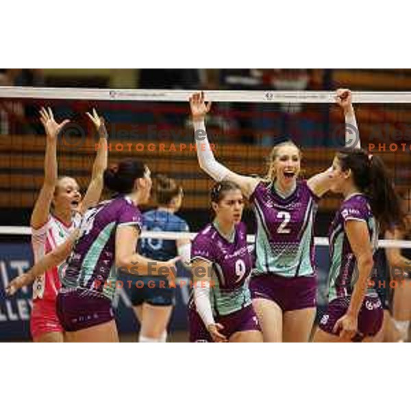 in action during Sportklub 1A DOL league volleyball match between Calcit Volley and Nova KBM Branik in Kamnik, Slovenia on October 20, 2023