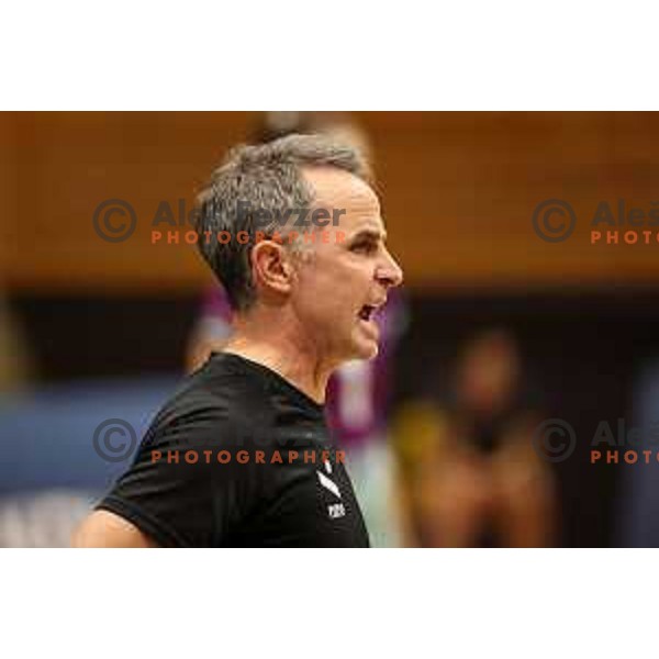 in action during Sportklub 1A DOL league volleyball match between Calcit Volley and Nova KBM Branik in Kamnik, Slovenia on October 20, 2023