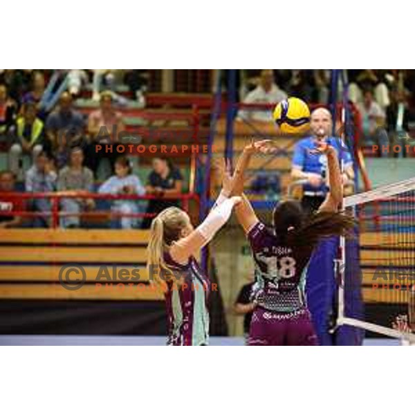 in action during Sportklub 1A DOL league volleyball match between Calcit Volley and Nova KBM Branik in Kamnik, Slovenia on October 20, 2023