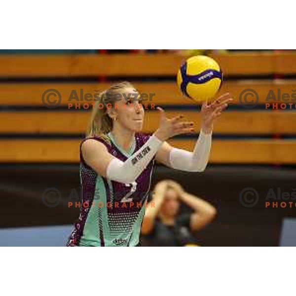 in action during Sportklub 1A DOL league volleyball match between Calcit Volley and Nova KBM Branik in Kamnik, Slovenia on October 20, 2023