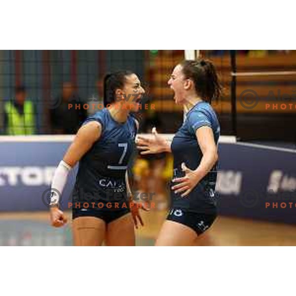 Jovanka Radiskovic and Masa Pucelj in action during Sportklub 1A DOL league volleyball match between Calcit Volley and Nova KBM Branik in Kamnik, Slovenia on October 20, 2023