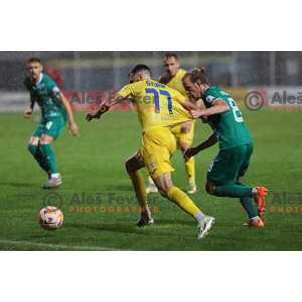 Danijel Sturm and Justas Lasickas in action during Prva Liga Telemach 2023/2024 football match between Domzale and Olimpija in Domzale, Slovenia on October 21, 2023. Foto: Filip Barbalic