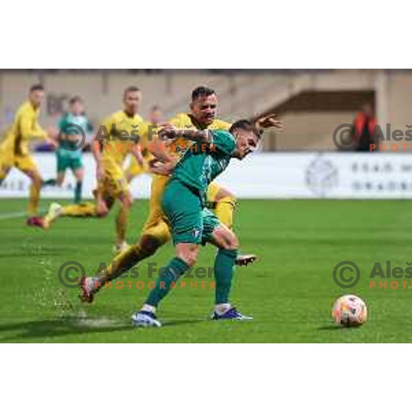 Admir Bristric and Daniel Offenbacher in action during Prva Liga Telemach 2023/2024 football match between Domzale and Olimpija in Domzale, Slovenia on October 21, 2023. Foto: Filip Barbalic