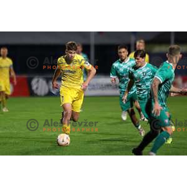 Luka Topalovic and Marko Brest in action during Prva Liga Telemach 2023/2024 football match between Domzale and Olimpija in Domzale, Slovenia on October 21, 2023. Foto: Filip Barbalic