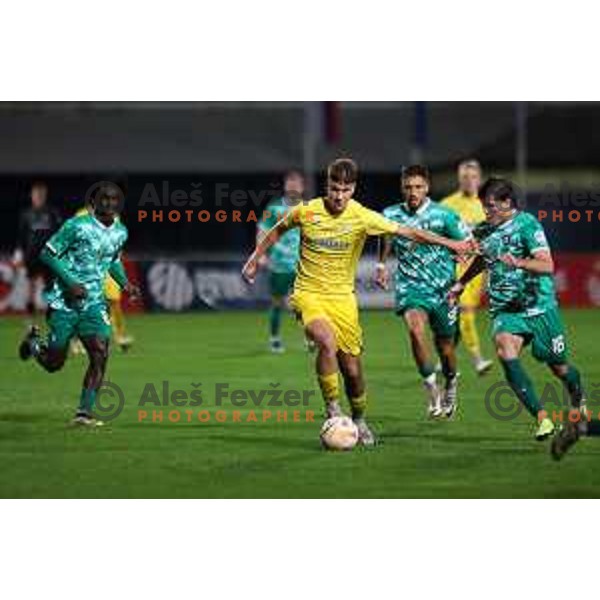 Luka Topalovic and Marko Brest in action during Prva Liga Telemach 2023/2024 football match between Domzale and Olimpija in Domzale, Slovenia on October 21, 2023. Foto: Filip Barbalic