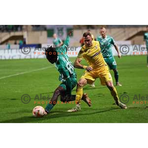 Peter Agba and Mario Krstovski in action during Prva Liga Telemach 2023/2024 football match between Domzale and Olimpija in Domzale, Slovenia on October 21, 2023. Foto: Filip Barbalic