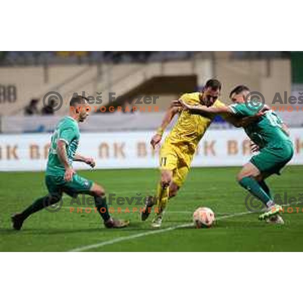 Aljaz Krefl, Mario Krstovski and Ahmet Muhamedbegovic in action during Prva Liga Telemach 2023/2024 football match between Domzale and Olimpija in Domzale, Slovenia on October 21, 2023. Foto: Filip Barbalic