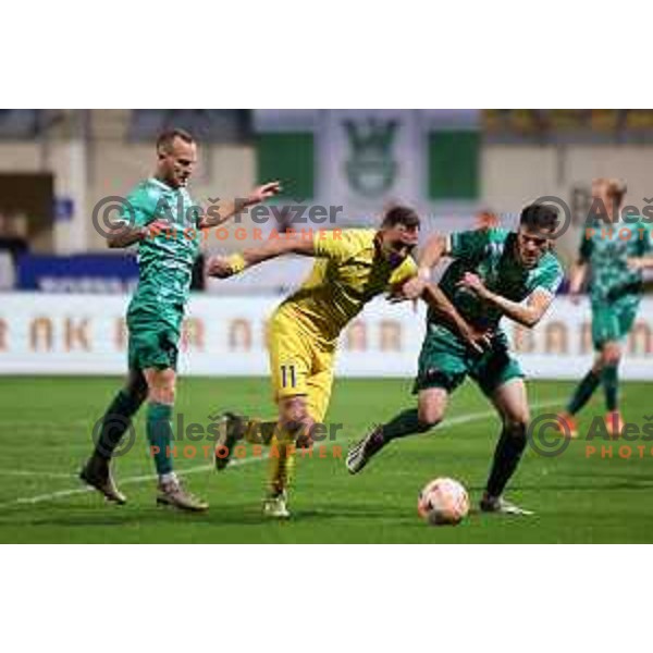 Aljaz Krefl, Mario Krstovski and Ahmet Muhamedbegovic in action during Prva Liga Telemach 2023/2024 football match between Domzale and Olimpija in Domzale, Slovenia on October 21, 2023. Foto: Filip Barbalic