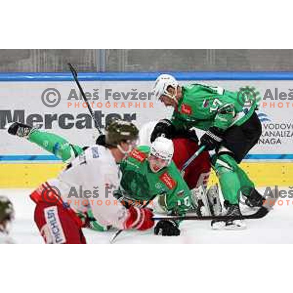 Ziga Pavlin in action during IceHL match between SZ Olimpija and Sudtirol Alperia in Tivoli Hall, Ljubljana, Slovenia on October 22, 2023