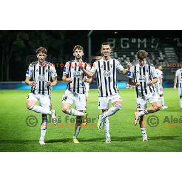 Filippo Tripi, Dardan Shabanhaxhaj, Leard Sadriu and Zan Trontelj celebrating during Prva liga Telemach football match between Mura and Koper in Fazanerija, Murska Sobota, Slovenia on October 22, 2023. Photo: Jure Banfi