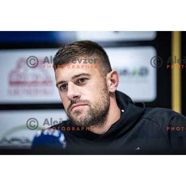 Amadej Marosa at the press conference after Prva liga Telemach football match between Mura and Koper in Fazanerija, Murska Sobota, Slovenia on October 22, 2023. Photo: Jure Banfi