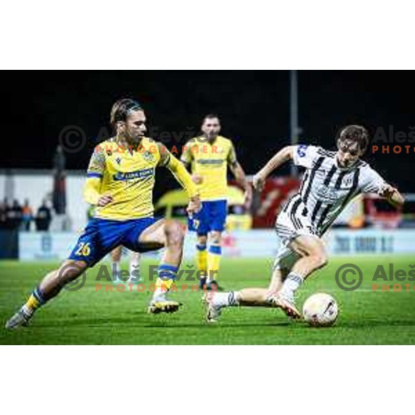 Gabriel Groznica vs Zan Trontelj in action during Prva liga Telemach football match between Mura and Koper in Fazanerija, Murska Sobota, Slovenia on October 22, 2023. Photo: Jure Banfi