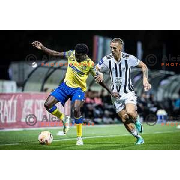 Mark Pabai vs Timotej Brkic in action during Prva liga Telemach football match between Mura and Koper in Fazanerija, Murska Sobota, Slovenia on October 22, 2023. Photo: Jure Banfi