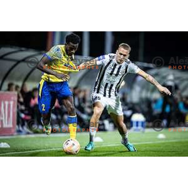 Mark Pabai vs Timotej Brkic in action during Prva liga Telemach football match between Mura and Koper in Fazanerija, Murska Sobota, Slovenia on October 22, 2023. Photo: Jure Banfi