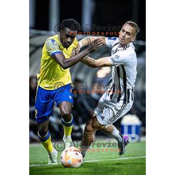 Mark Pabai vs Timotej Brkic in action during Prva liga Telemach football match between Mura and Koper in Fazanerija, Murska Sobota, Slovenia on October 22, 2023. Photo: Jure Banfi