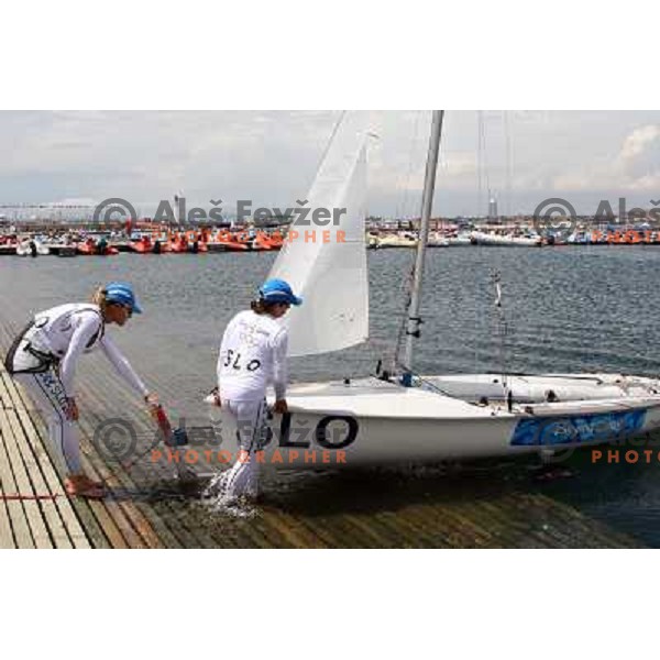 Vesna Dekleva Paoli-Klara Maucec (SLO) competing in 470 class at 2008 Olympic games in Beijing, China. Sailing competition was held in Qingdao. 