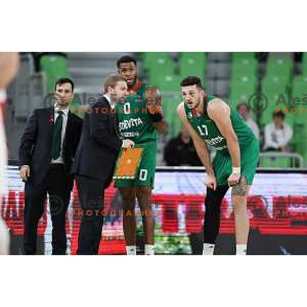 Assistant coach Andrea Turchetto and Dewayne Stewart in action during BKT EuroCup 2023-2024 regular season basketball match between Cedevita Olimpija (SLO) and Prometej Slobozhanske (UKR) in Ljubljana, Slovenia on October 25, 2023