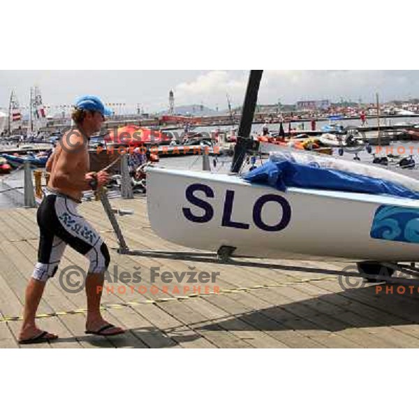 Gasper Vincec (SLO) competing in finn class at 2008 Olympic games in Beijing, China. Sailing competition was held in Qingdao. 