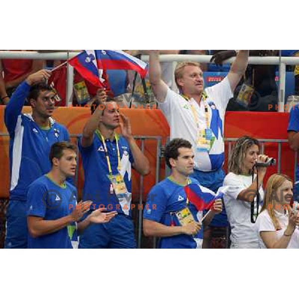 Slovenian swimmers Godec, Markic, Mankoc, Dugonjic cheering for Sara Isakovic in the final of 200 meters frestyle at Olympic games, Beijing, China 13.8.2008 