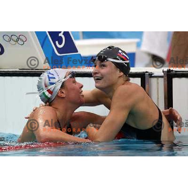 Federica Pellegrini (ITA,left) and Sara Isakovic (SLO) celebrate gold and silver medal in swimming competition at 200 meters freestyle at Olympic games in Beijing, China 13.8.2008 