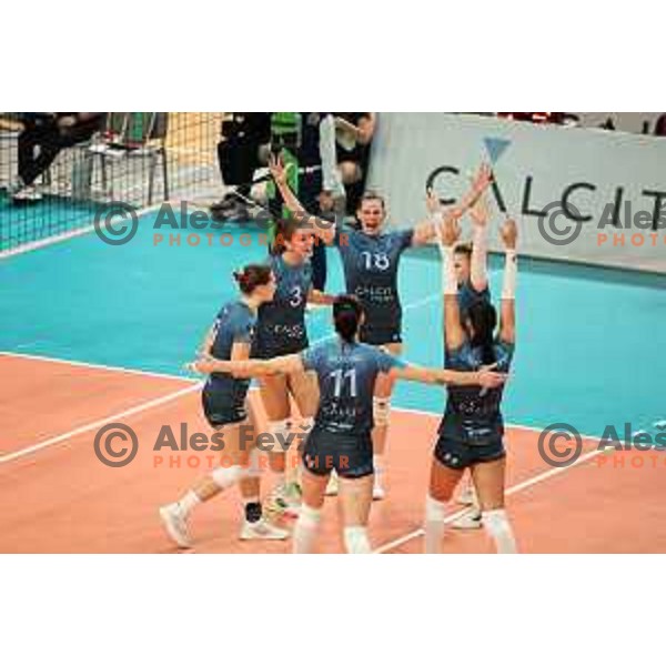 Masa Pucelj, Sara Hutinski, Sara Najdic and Andjelka Radiskovic of Calcit Volley in action during CEV Women’s Champions League match between Calcit Volley and Grot Budowlani Lodz in Ljubljana on November 14, 2023