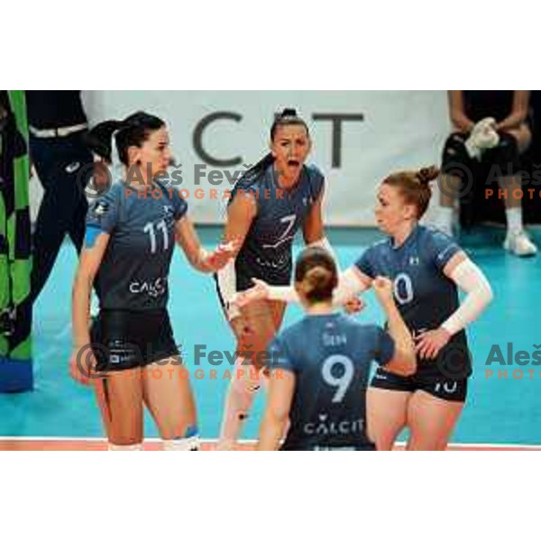 Sara Hutinski, Sara Najdic and Andjelka Radiskovic of Calcit Volley in action during CEV Women’s Champions League match between Calcit Volley and Grot Budowlani Lodz in Ljubljana on November 14, 2023