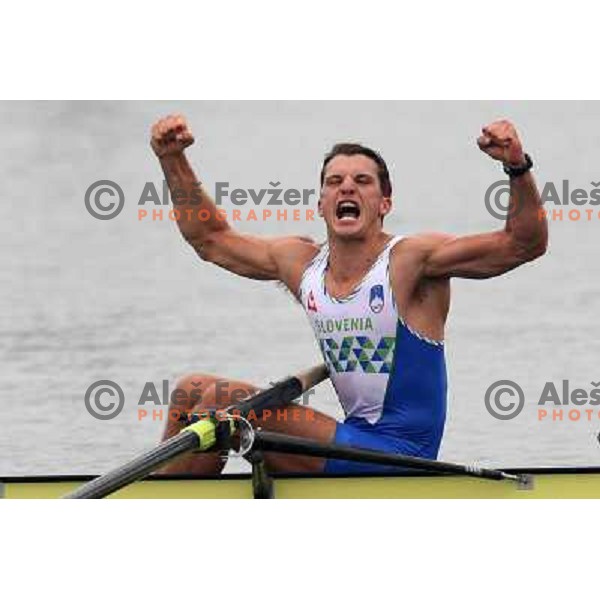 Slovenia four member Miha Pirih celebrates victory in semfinal of rowning competition at Olympic games in Beijing, China 13.8.2008 