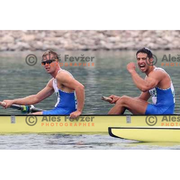 Slovenia four members Rok Kolander(left) and Rok Rozman celebrate victory in semfinal of rowning competition at Olympic games in Beijing, China 13.8.2008 
