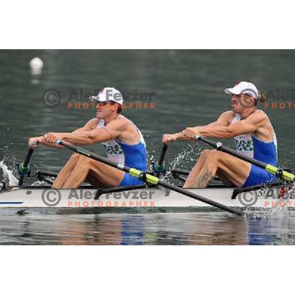 Iztok Cop, Luka Spik (SLO) at semifinal of men"s double sculls at Shunyi Rowing centre at Olympic games in Beijing, china 13.8.2008 
