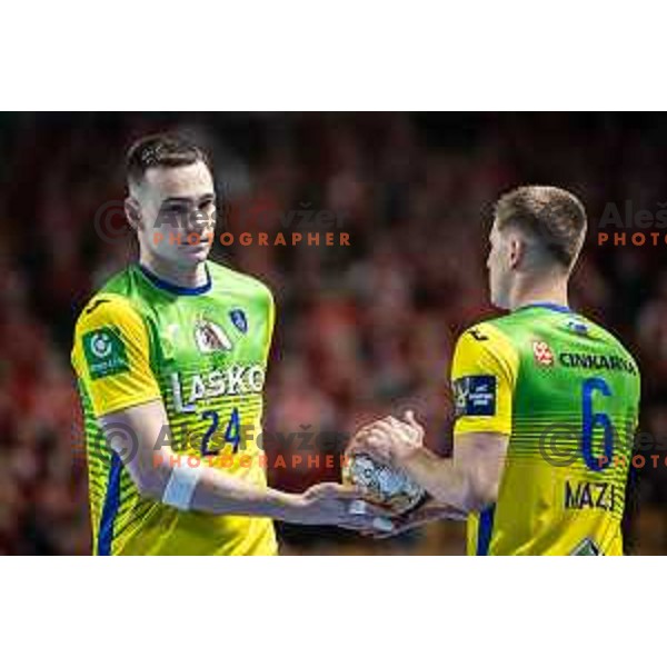 Uros Milicevic in action during EHF Champions League handball match between RK Celje Pivovarna Lasko and Telekom Veszprem in Dvorana Zlatorog, Celje, Slovenia on November 15, 2023. Photo: Jure Banfi