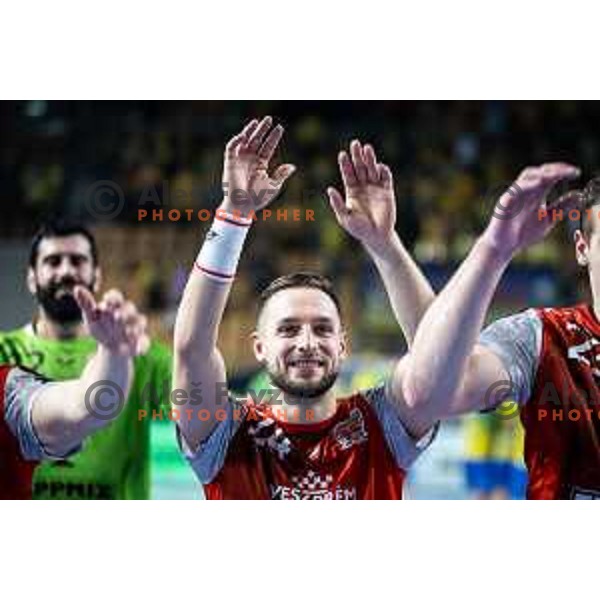 Gasper Marguc celebrating after EHF Champions League handball match between RK Celje Pivovarna Lasko and Telekom Veszprem in Dvorana Zlatorog, Celje, Slovenia on November 15, 2023. Photo: Jure Banfi