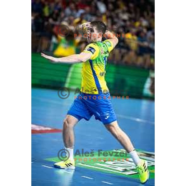 Vukasin Antonijevic in action during EHF Champions League handball match between RK Celje Pivovarna Lasko and Telekom Veszprem in Dvorana Zlatorog, Celje, Slovenia on November 15, 2023. Photo: Jure Banfi