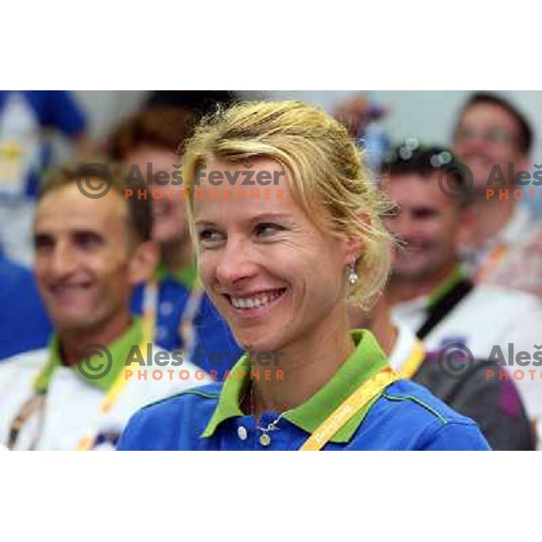 Brigita langerholc watches Sara Isakovic receives congratulations from slovenian athletes at press conference in Olympic Village 13.8.2008 