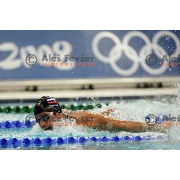 Peter Mankoc (SLO) swimms in qualification of 100 meters butterfly at olympic games in Beijing, China 14.8.2008 