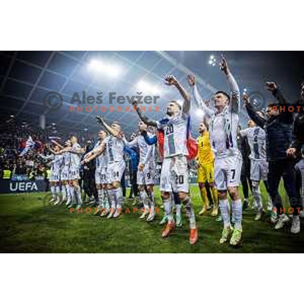 Adam Gnezda Cerin, Benjamin Sesko, Petar Stojanovic and Benjamin Verbic celebrate victory at UEFA Euro 2024 Qualifying match between Slovenia and Kazakhstan in Ljubljana, Slovenia on November 20, 2023. Photo Jure Banfi