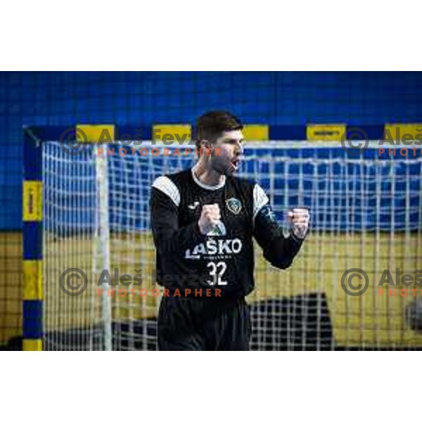 Rok Zaponsek celebrating during EHF Champions League handball match between RK Pivovarna Lasko Celje and Wisla Plock in Dvorana Zlatorog, Celje, Slovenia on November 29, 2023. Photo: Jure Banfi