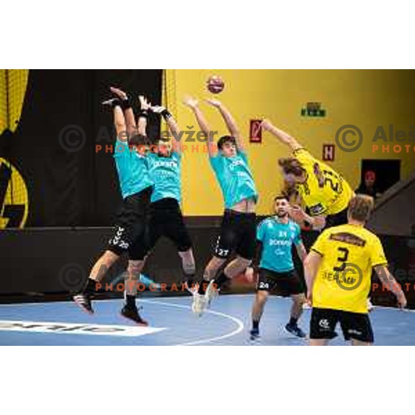 Jernej Drobez, Peter Sisko and Branko Predovic during EHF European league match between Gorenje Velenje and Savehof in Velenje, Slovenia on December 5, 2023