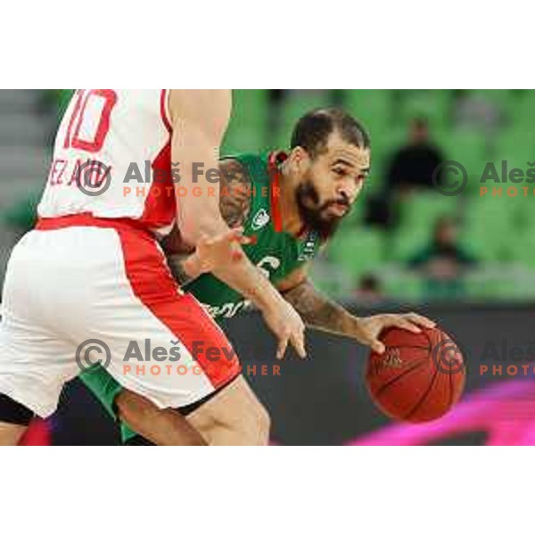 Justin Cobbs in action during BKT EuroCup 2023-2024 regular season basketball match between Cedevita Olimpija (SLO) and Hapoel Shlomo (ISR) in Ljubljana, Slovenia on December 6, 2023