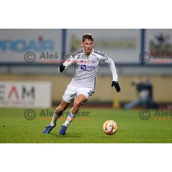 Mark Strajnar in action during Prva liga Telemach 2023/2024 football match between Radomlje and Maribor in Domzale, Slovenia on December 11, 2023